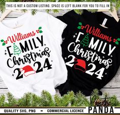 two t - shirts with christmas designs on them sitting next to each other in front of pine branches