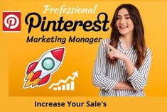 a woman standing in front of a yellow background with the words pinterest marketing manager