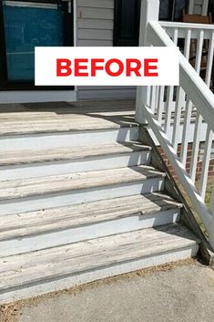 before and after photos of a porch with white painted steps, railings and door