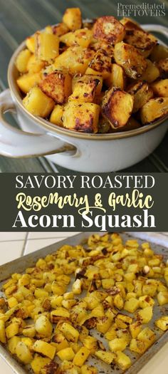 two pictures showing how to make savory roasted rosemary and garlic acorn squash