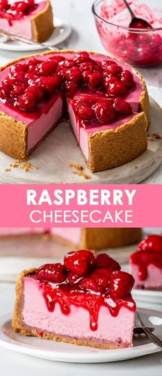 raspberry cheesecake on a plate with a slice cut out and ready to be eaten