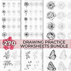 drawing practice worksheets bundle with flowers and butterflies