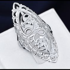 Size 8 Super Pretty With Flower Pattern All Over Silver Plated Bulky Rings, Big Wedding Rings, Finger Band, Hollow Ring, Big Ring, Wedding Ring Sizes, Retro Ring, Big Rings, Filigree Ring