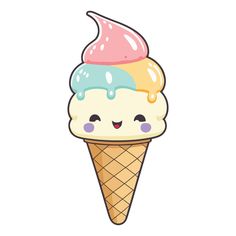 an ice cream cone with two different colors on it's top and one has a smiling face