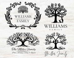 four family tree logos in black and white with the name william's family on it