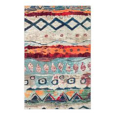 a multicolored rug with an abstract design on the front and back side,