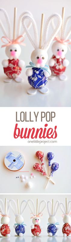 the lolly pop bunnies are decorated with red, white and blue decorations