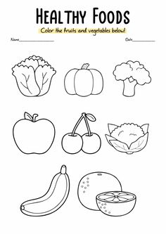 healthy foods worksheet with fruits and vegetables for kids to color on the page