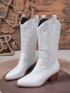 2024 New Spring & Autumn Collection White Pointed Toe Embroidered Western Style Riding Boots, Cowboy Boots For Women Fall For Christmas And New Year Holiday White Fashionable    Plain Western Boots   Women Shoes, size features are:Bust: ,Length: ,Sleeve Length: Cute White Cowgirl Boots, Wedding White Boots, White Boots Cowgirl, Women’s Cowboy Boots, Megan Outfit, Western Wedding Boots, Cow Boy Boots, Style Riding Boots, Wedding Cowboy Boots