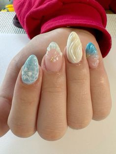 Nail Inspo For Almond Nails, Summer Nails Oval Short, Nail Inspo Seashell, Underwater Nail Designs, 3d Nails Design Summer, Spring Gel X Nails Almond, Going To A Wedding Nails, Gel Nail Designs Medium Length Almond, Cancun Inspired Nails