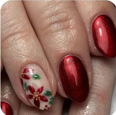 Christmas Nails Whimsical, Christmas Accent Nail Designs, Xmas Shellac Nails, Simple Christmas Nails Gingerbread, Natural Nails Christmas Design, Xmas Nails Ideas 2024, Fall/christmas Nail Ideas, Christmas Flower Nail Designs, Noche Buena Nails