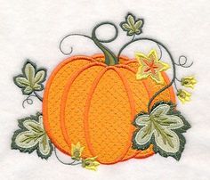 an orange pumpkin with leaves and flowers on it's side is embroidered onto a white shirt