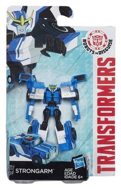 a blue and white action figure with a car in it's package, on a white background