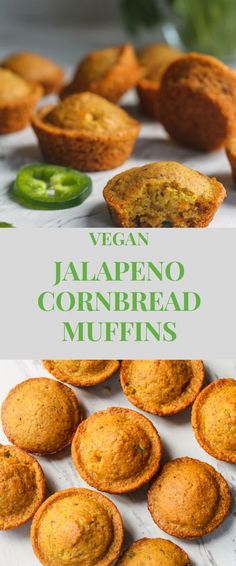 vegan jalapeno cornbread muffins on a white table with green peppers