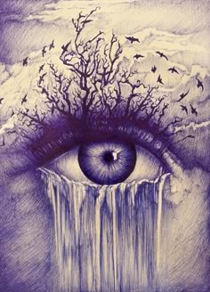 an eye with trees growing out of it and birds flying over the water in the background