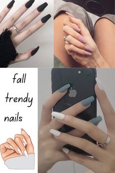 A photo of a hand with trendy fall nails in warm colors, with a matte finish, and a negative space design.
A collage of photos of different fall trendy nail designs, including brown, burgundy, olive green, and teal colors, matte and glossy finishes, and negative space, foil accents, animal prints, and French manicures.
A close-up photo of a fall trendy nail design in burgundy with a matte finish and a gold foil accent. Trends For Fall 2023, Fall Nail Trends, Nail Trend