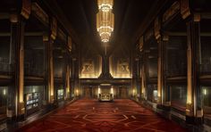 an empty hall with red carpet and chandeliers