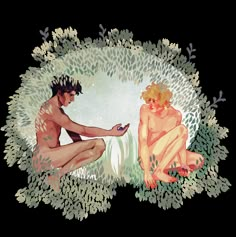 two naked people sitting on the ground in front of some plants and one is holding a cell phone