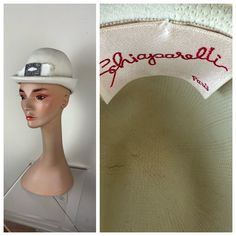 Schiaparelli Stunning 1960's ivory white felt hat!! This has super neat top stitching with gross grain ribbon trim and silver accent. I believe the hat is made from a wool felt or possibly a wool/fur blend. The condition is very good. I found a few spots and the ribbon trim ends are frayed however I'm not sure if it's supposed to be. I think it's supposed to be. The circumference is 21. Thanks for looking and please feel free to ask me any questions or for additional photos or measurements!! Vintage Cream Felt Hat With Short Brim, Vintage Cream Brimmed Felt Hat, White Fitted Retro Hat, Vintage White Brimmed Hat, Vintage White Flat Brim Hat, Retro White Wide Brim Hat, Retro Wide Brim White Hat, White Wide Brim Retro Hat, Vintage White Fedora Hat