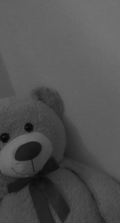 a teddy bear sitting up against a wall