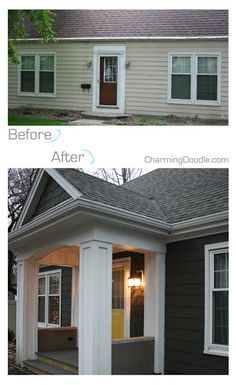 before and after shots of a house that has been painted gray with white trim on the windows