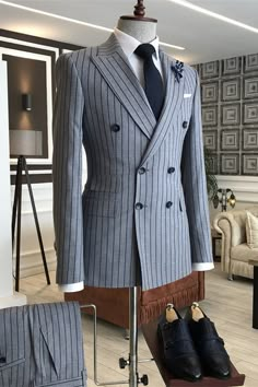 Frederic Gray Striped Peaked Lapel Double Breasted Business Suits Double-breasted Suits For Wedding, Double-breasted Wedding Suits With Buttons, Fitted Double-breasted Three-piece Suit For Groom, Fitted Double-breasted Suit With Suit Collar, Elegant Slim Fit Suits With Buttons, Elegant Three-piece Wedding Suit With Double Button, Tailored Suits With Buttons In Suiting Fabric, Double-breasted Three-piece Wedding Suit, Tailored Suits In Suiting Fabric