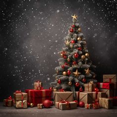 a christmas tree with presents under it and snow falling down on the ground behind it