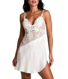 In Bloom by Jonquil Satin Scallop Lace Trim V-Neck Sleeveless Tie Back Chemise | Dillard's Lace V-neck Camisole, Lace Bodice Camisole, Lace Camisole With Lace Closure, Night Out Delicate Lace Camisole, Satin V-neck Camisole With Lace Trim, Delicate Lace Camisole For Night Out, Elegant Sleeveless Camisole With Contrast Lace, Sheer Sleeveless Satin Slip Dress, Lace Camisole For Night Out