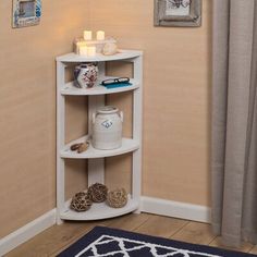 a corner shelf in the corner of a room