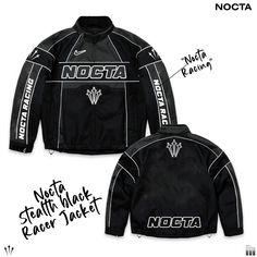 a black jacket with white writing on it and the words, nocta written in large letters