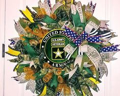 Honor a Veteran or special active member of the military with this beautiful military wreath. This wreath can be made with your choice of branch or branches, using coordinating deco mesh in colors of the military branch, ribbons, additional coordinating ribbons, and metal sign with the military branch (or branches) displayed. 
PERFECT wreath for a military mom, wife, Veteran or current U.S. Military Member.All my wreaths make great gifts! If you wish to purchase this wreath as a gift and have it Army Wreath, Military Wreath, Weather Wind, Covered Walkway, Military Branches, Navy Air Force, Military Mom, Patriotic Decor, Patriotic Gifts