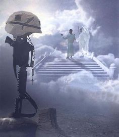 two people standing on top of a stairway in the clouds with one holding an umbrella