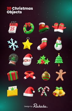 christmas objects are displayed on a dark background