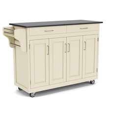 a white kitchen island with wood top on casteors and wheels, in front of a white background