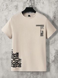 Camiseta de malha Plus Size khaki com ombros regulares e manga curta para homens Caqui Casual  Manga Curta Tecido de malha Letra,Simples,Slogan  Elasticidade Baixa  Men Plus Size Clothing, size features are:Bust: ,Length: ,Sleeve Length: Company T Shirt Design, T Shirt Slogans, Tee Shirt Fashion, Teen Boy Outfits, T Shirt Company, College Shirts, Company Shirts, Men Plus Size, Mens Khakis