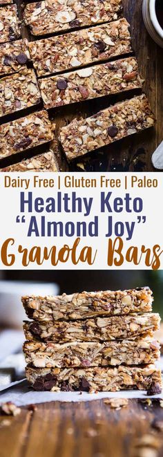 granola bars stacked on top of each other with the title text overlay reading healthy keto almond joy granola bars