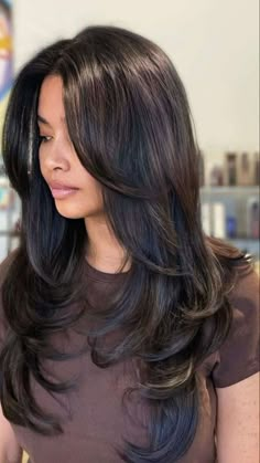 Haircuts With Front Layers, Long Hair With Layers Back View, Butterfly Layers Black Hair, Black Hair Butterfly Haircut, Long Layers Butterfly Cut, Dark Brown Butterfly Cut, Long Layered Haircuts Brunette, Asian Hair Styles Long, Wispy Layers Long Hair