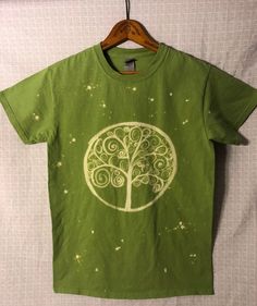 Unisex Small Blue 6 oz. 100% Cotton T-shirt  Tree with spirals painted by hand with bleach Shirt has been washed to ensure full bleach removal from fabric Tree Of Life Clothing, Artistic Green Cotton T-shirt, Green Bleached Cotton T-shirt, Bleached Green Cotton T-shirt, Green Bleached Short Sleeve T-shirt, Bleach Painting Shirt, Green Bleach, Bleaching Clothes, Painted T Shirt