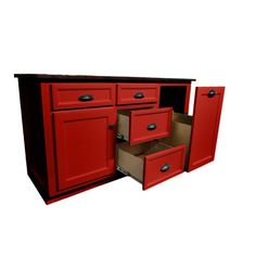 a red cabinet with two open drawers