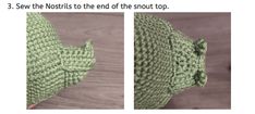 two pictures showing how to crochet the top and bottom part of a knitted hat