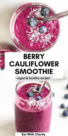 berry cauliflower smoothie recipe with blueberries and coconut flakes on top