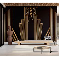 a living room with black walls and gold art deco wallpapers on the walls