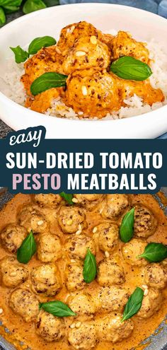 an easy sun dried tomato pesto meatballs recipe in a white bowl with basil leaves on top