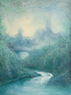 an oil painting of a river flowing through a forest