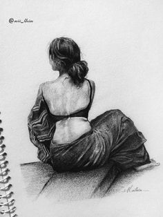 a pencil drawing of a woman sitting on the ground looking down at her butts