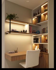 a desk with a chair and bookshelf in the corner, next to a book shelf