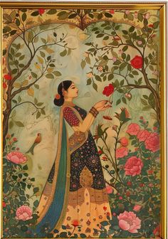 Mughal inspired art of Indian/Pakistani woman, clad in traditional clothing, standing in a beautiful garden.  This is a DIGITAL print, not a physical product.  SIZE - Fixed 2:3 Ratio - 3667x5500 pixels (you're free to adjust the sizing after purchase, to your desired size)  Traditional Mughal era inspired digital painting, printable art work for the Indian home. Pakistani inspired art painting. Vintage Indian desi wall art. Indian woman, wearing lehnga, standing in garden, artwork. Digital paint Indian Tradition Painting, Indian Paintings Aesthetic, Painting Ideas On Canvas Indian Art, Traditional Art Indian, Aesthetic Indian Painting, Desi Aesthetic Painting Ideas, Canvas Painting Indian Art, Miniature Canvas Painting Ideas, Chandramukhi Painting