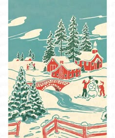 an old fashioned christmas card with snowmen and trees