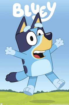 the blue dog is jumping in the air with his arms out and eyes wide open