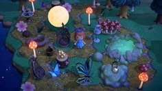 an animated scene with candles, mushrooms and other items on the ground in front of a pond